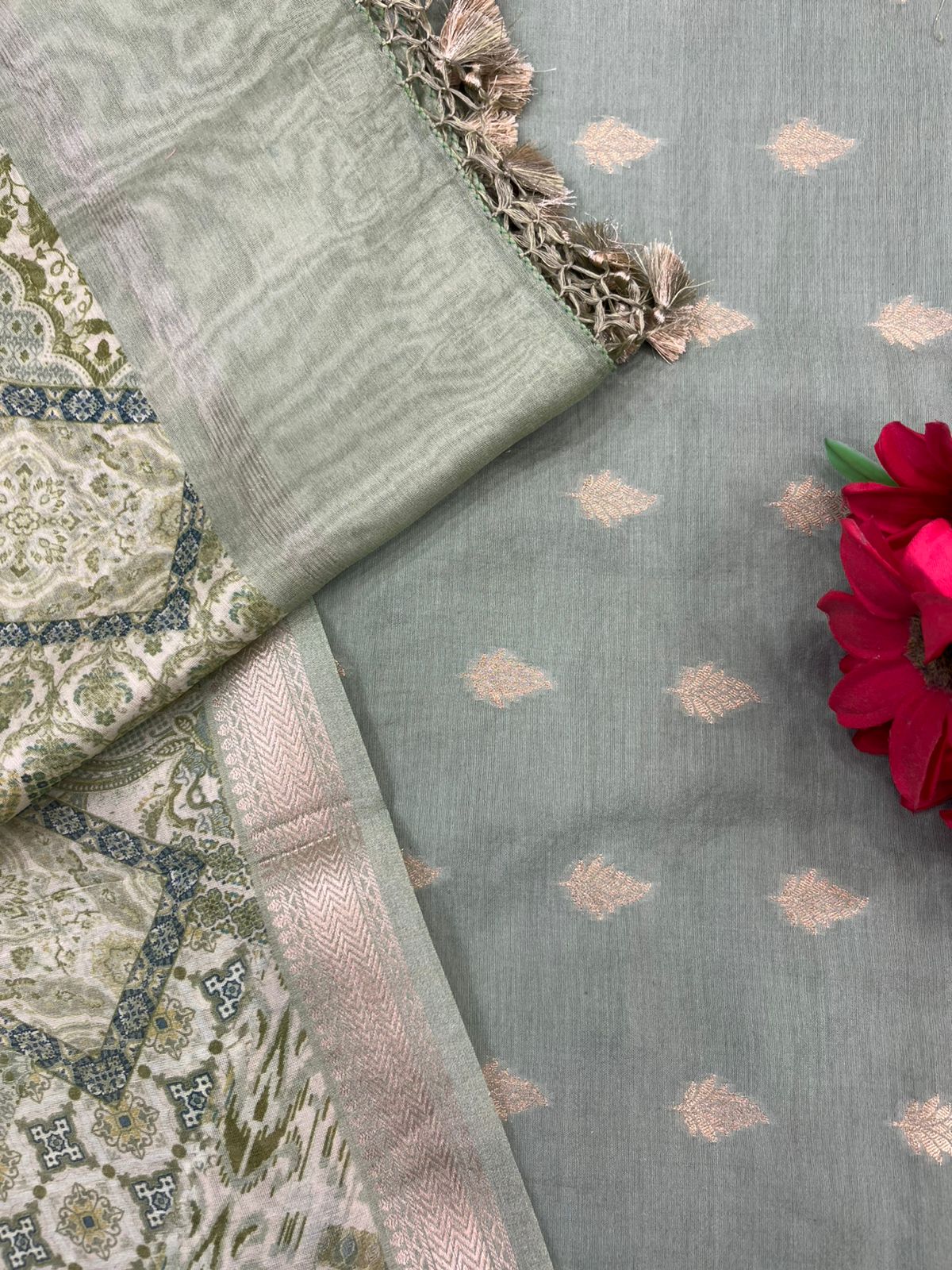 Banarasi Suit Piece with Zari Butti (Sage Green)