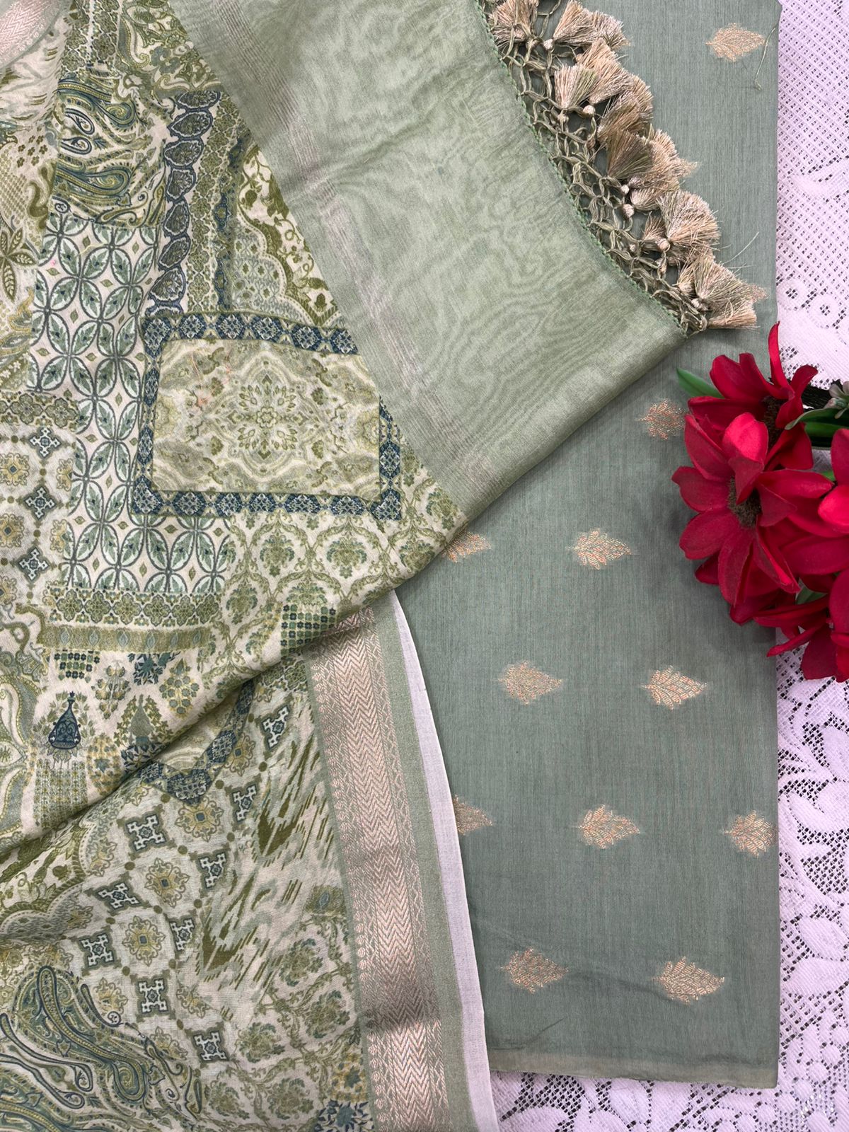 Banarasi Suit Piece with Zari Butti (Sage Green)
